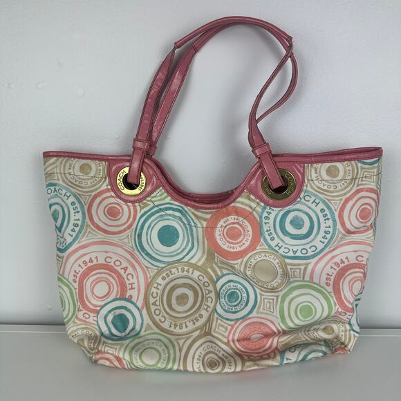 Coach Multicolor Signature The Beach Patent Leather Pink Trim Tote Bag F19184 - Picture 2 of 10